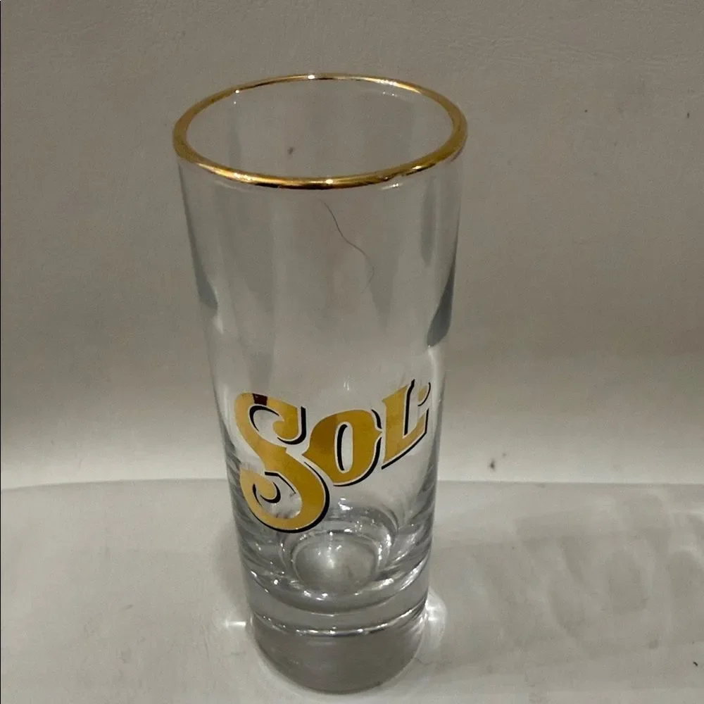 Sol Tequila Gold Rim 4 Oz Clear Shot Glass Gold Trim 4 1/4 In Tall 1 1/2 Round